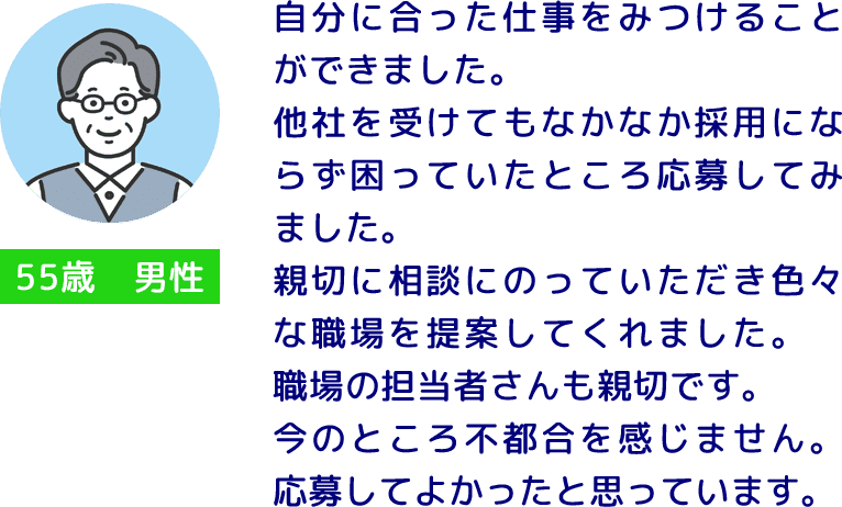55歳 男性 自分に合った仕事をみつけることができました。